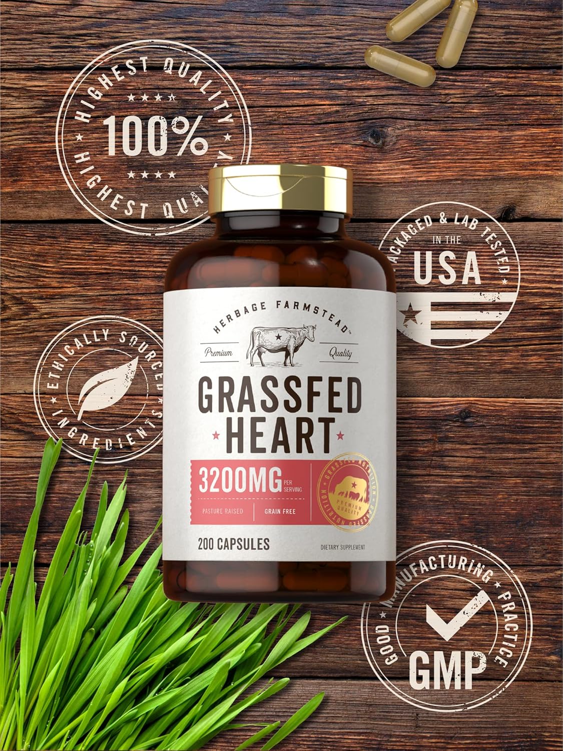 Carlyle Grass Fed Beef Heart Supplement | 3200mg | 200 Count | Desiccated Pasture Raised Bovine Capsules | Non-GMO, Gluten Free | by Herbage Farmstead : Health & Household