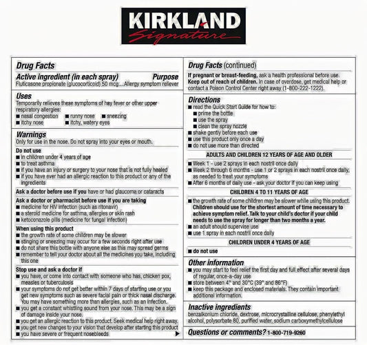 KIRKLAND SIGNATURE Aller-Flo Fluticasone Propionate (Glucorticoid) 5 Bottles x 120 Metered Sprays 0.54 Fl OZ per Bottle (15.8 mL x 5) 2.70 OZ Total (79 mL Total) 600 Total Sprays Total, 1-Pack