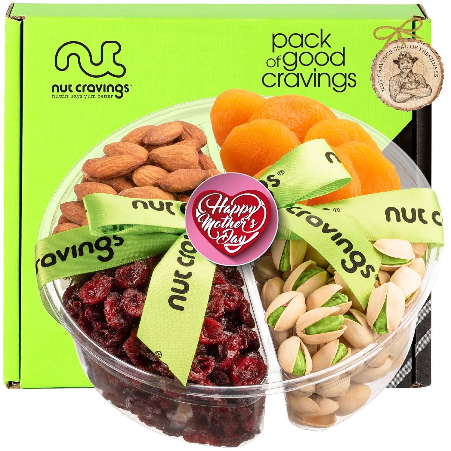 Nut Cravings Gourmet Collection - Mothers Day Dried Fruit & Mixed Nuts Gift Basket + Green Ribbon (4 Assortments) Arrangement Platter, Birthday Care Package - Healthy Kosher USA Made