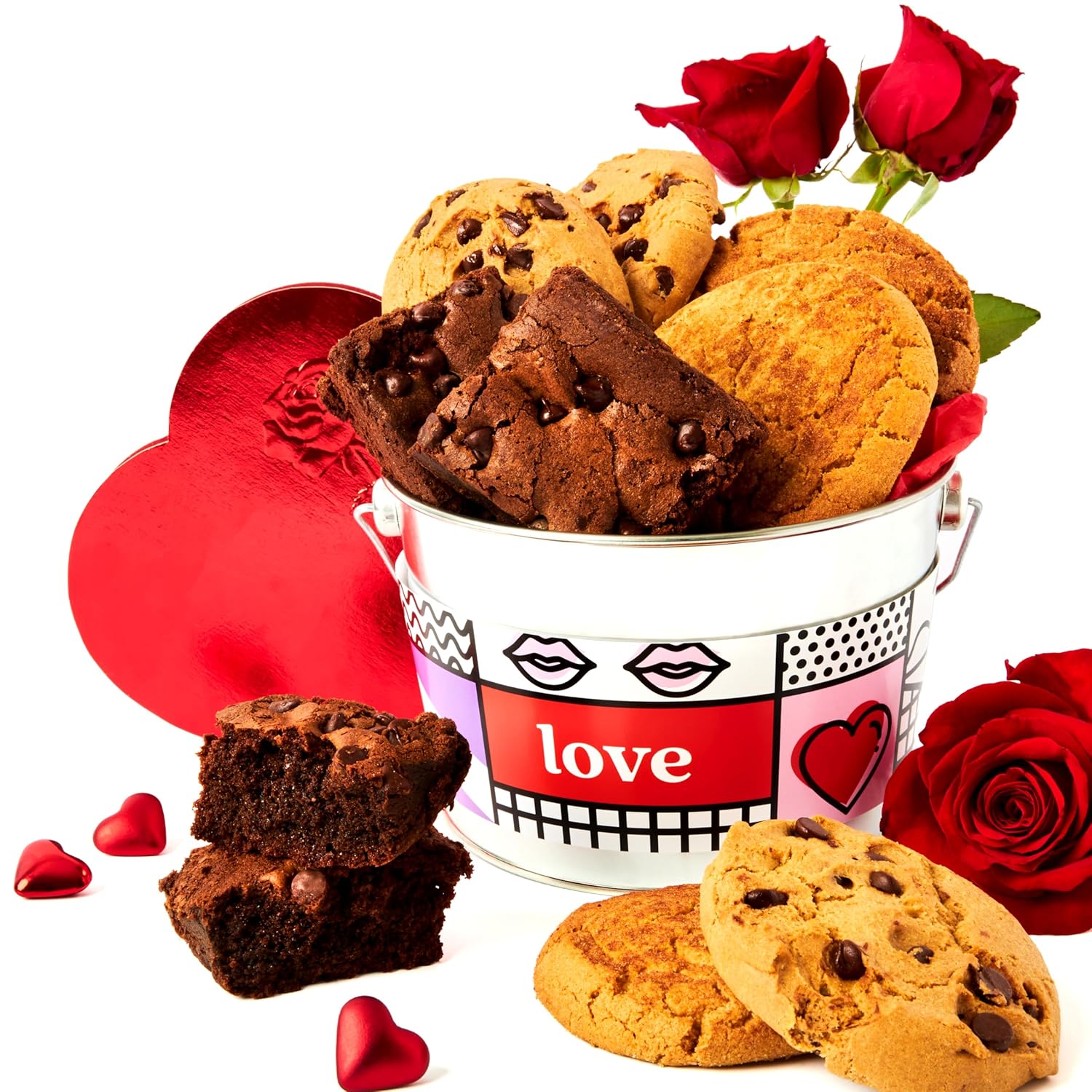 David’S Cookies Gluten Free Assorted Cookies And Brownies Bucket Sampler - Comes In A Love-Themed Decorated Bucket 1.3Lbs - Freshly Baked Gourmet Cookies Gift For Your Loved Ones (Roses Not Included)