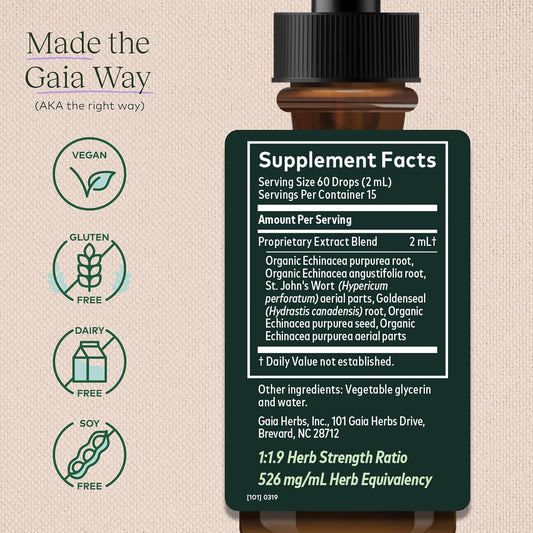 Gaia Herbs Echinacea Goldenseal Supreme Liquid Extract - Immune Support Supplement To Help Maintain Mucus Membrane Function - With Echinacea, Goldenseal Root & St. John’S Wort - 1 Fl Oz (15 Servings)