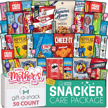 Gift A Snack - Mothers Day Snack Box Variety Pack Care Package + Greeting Card (50 Count) Sweet Treats Gift Basket, Candies Chips Crackers Bars, Crave Food Assortment