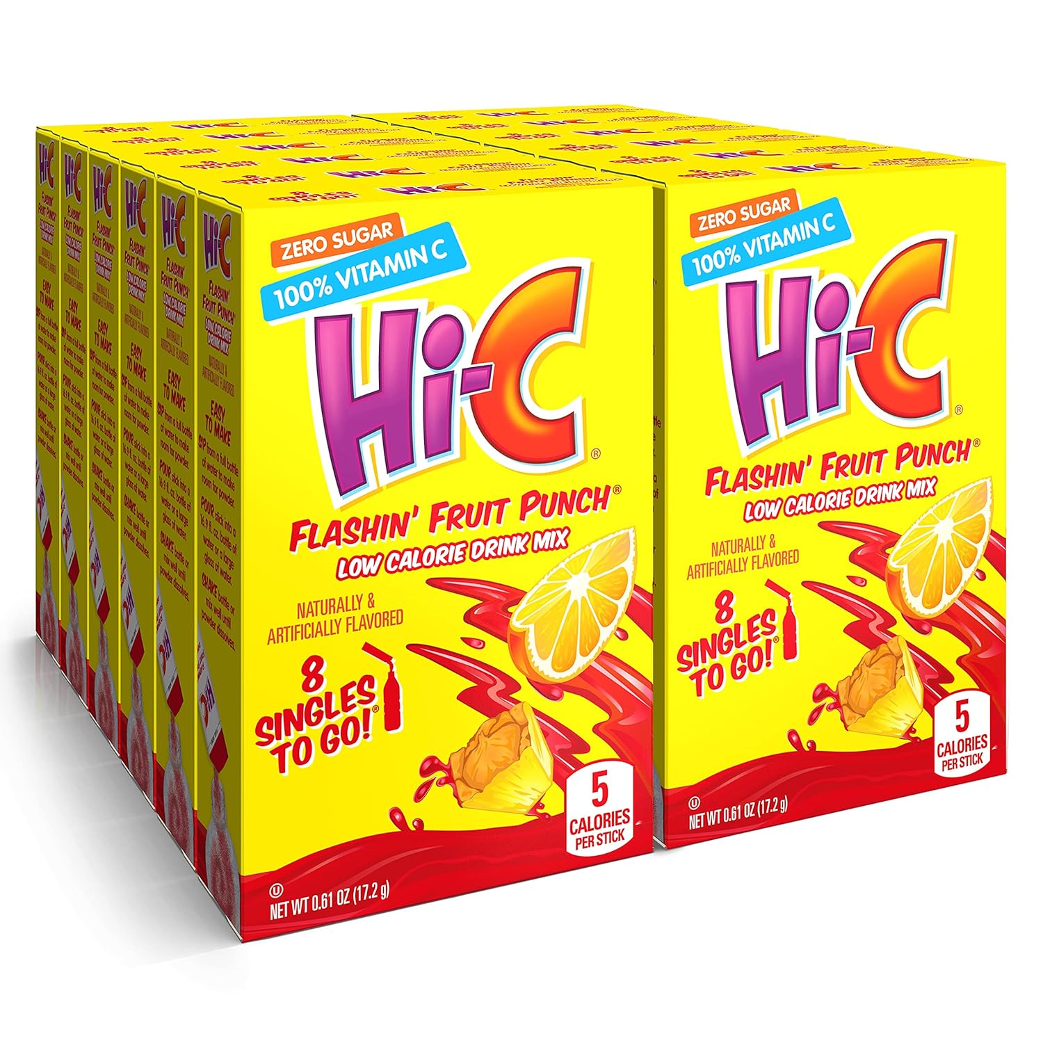 Hi-C Flashin Fruit Punch, Singles To Go, Zero Sugar, Powdered Drink Mix, Excellent Source Of Vitamin C, 8 Count (Pack Of 12)