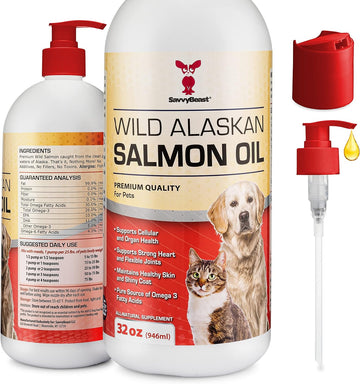 Pure Wild Alaskan Salmon Oil for Dogs, Cats, Ferrets - 32 oz Liquid Omega 3 Fish Oil, Pump on Food - Unscented All Natural Supplement for Skin and Coat, Joints, Heart, Brain, Allergy, Weight, Immune