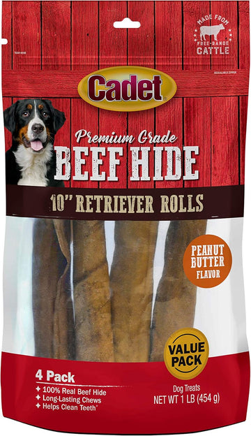 Cadet Premium Grade Beef Hide For Dogs, Long Lasting Rawhide Retriever Rolls, Single Ingredient Dog Chews, Peanut Butter Flavor, 10 Inch (4 Count)