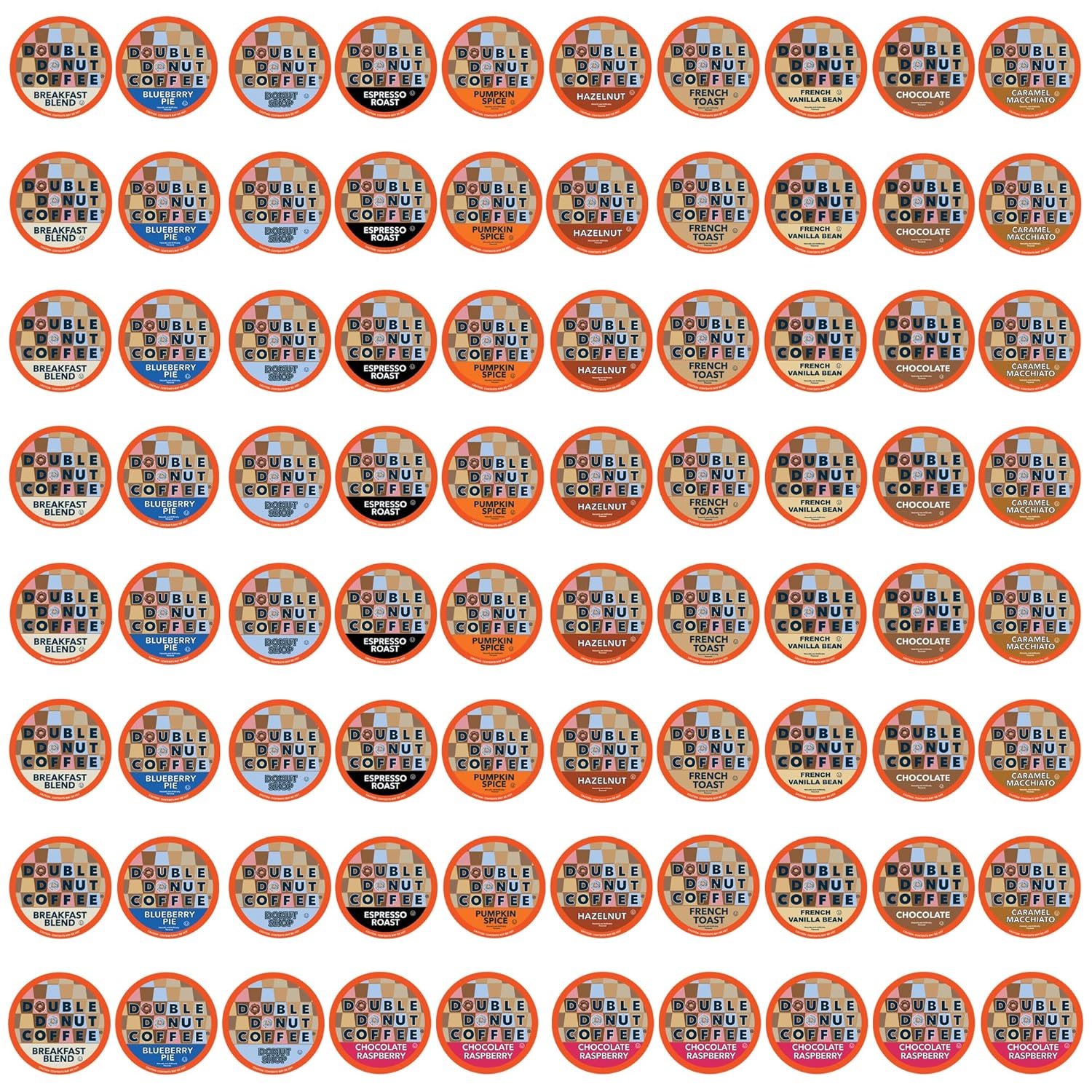 Double Donut Coffee Variety Pack Assorted Medium Roast, Dark Roast & Flavored Coffee In Recyclable Single Serve Cup, 80 Count