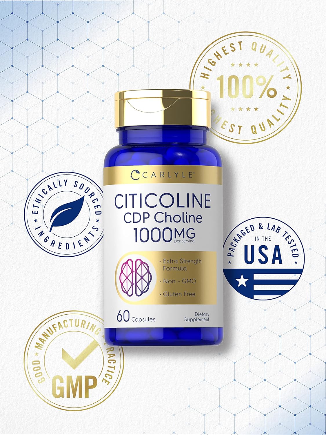 Carlyle Citicoline CDP Choline 1000mg | 60 Capsules | Non-GMO, Gluten Free Supplement : Health & Household