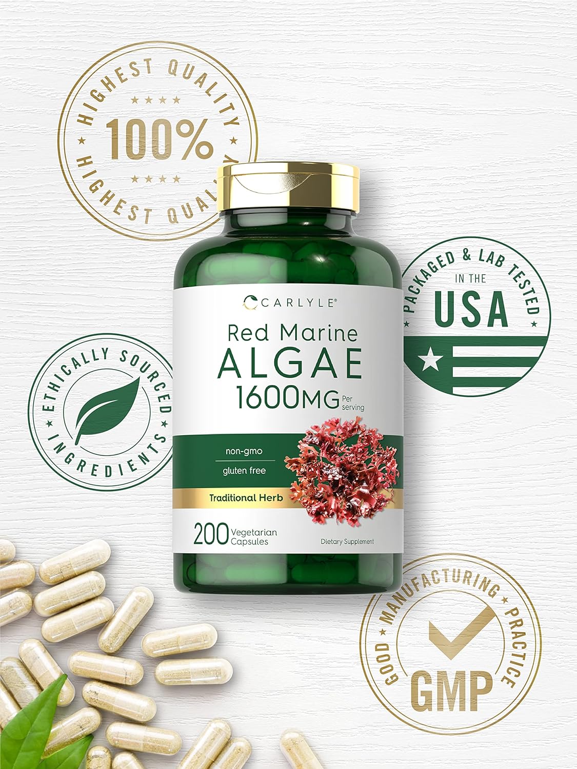 Carlyle Red Marine Algae 1600mg | 200 Capsules | Vegetarian Supplement | Non-GMO, Gluten Free : Health & Household