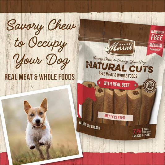 Merrick Natural Cuts Chicken Free Non Rawhide Small Dog Treats, Medium Texture Chew Sticks With Real Beef - 7 Ct. Pouch