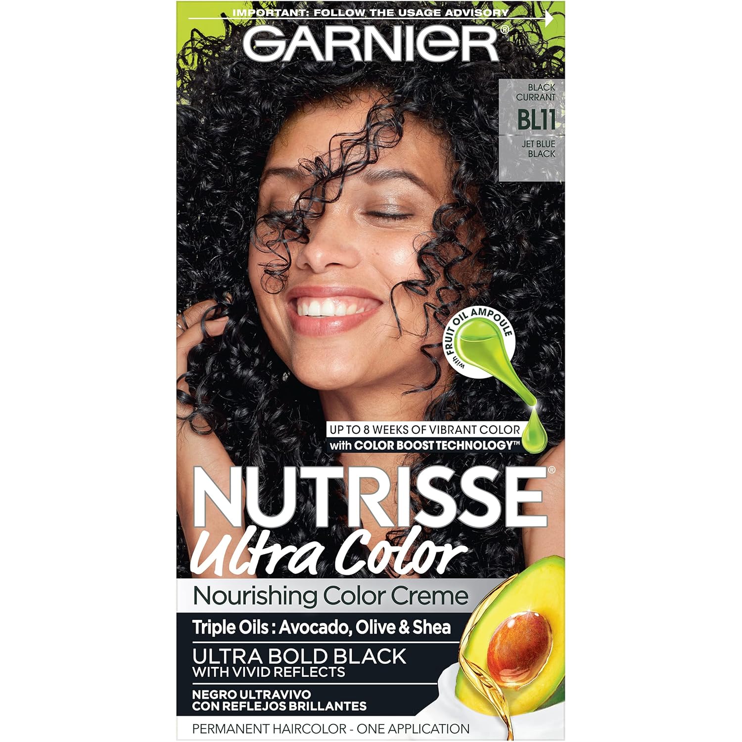 Garnier Hair Color Nutrisse Ultra Color Nourishing Creme, Bl11 Jet Blue Black (Black Currant) Permanent Hair Dye, 1 Count (Packaging May Vary)