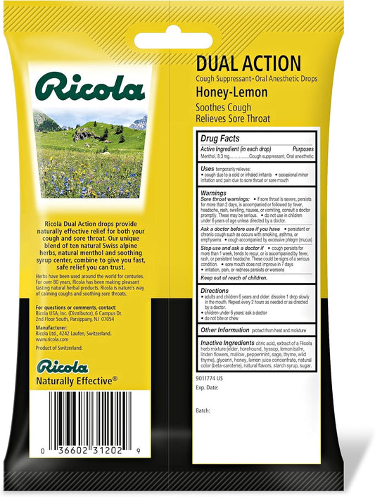 Ricola Dual Action Cough Suppressant & Oral Anesthetic Throat Drops, Honey Lemon, 19 Drops, Fights Coughs Naturally, Soothes Throats, yellow