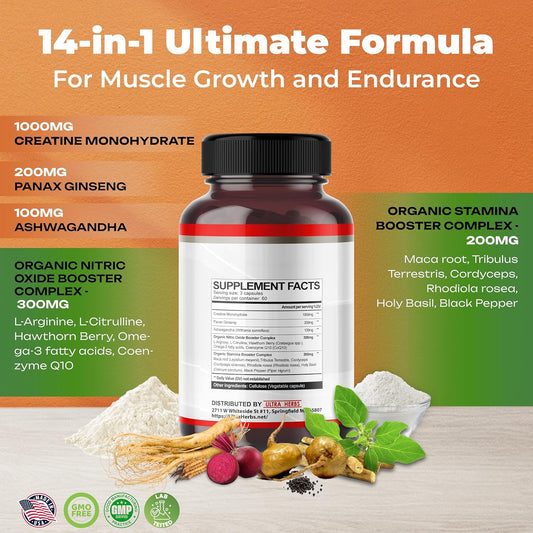Ultra Creatine Pills | Creatine Monohydrate Capsules Enhanced With L-Arginine, L Citrulline, Ginseng | Support Stamina, Energy & Muscle Growth | 180 Capsules