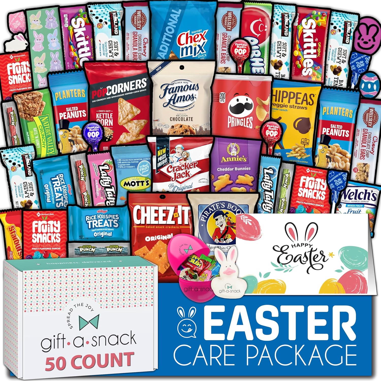 Gift A Snack - Easter Filled Egg & Bunny - Snack Box Variety Pack Care Package + Greeting Card (50 Count) Sweet Treats Gift Basket, Candies Chips Crackers Bars, Crave Food Assortment