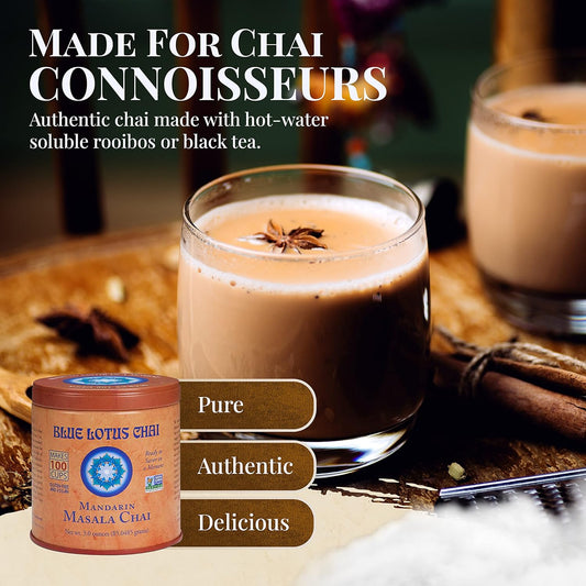 Blue Lotus Chai - Mandarin Flavor Masala Chai - Makes 100 Cups - 3 Ounce Masala Spiced Chai Powder With Organic Spices - Instant Indian Tea No Steeping - No Gluten