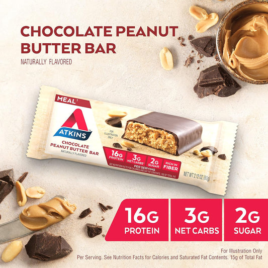 Atkins Chocolate Peanut Butter Protein Meal Bar, High Fiber, 16g Protein, 2g Sugar, 3g Net Carb, Meal Replacement, Low Carb, Keto Friendly, 12 Count