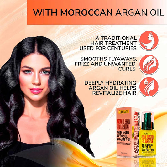 Moroccan Argan Oil Hair Serum with Biotin, Castor Oil, Rosemary Oil - Heat Protectant Treatment for Women and Men - Anti Frizz Styling Product and Hair Straightener - For Curly, Wavy and Frizzy Hair