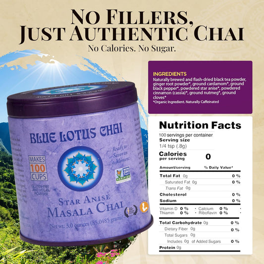 Blue Lotus Chai - Star Anise Masala Chai - Makes 100 Cups - 3 Ounce Masala Spiced Chai Powder With Organic Spices - Instant Indian Tea No Steeping - No Gluten