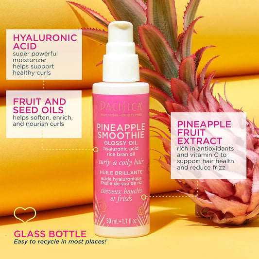Pacifica Beauty | Pineapple Curls Smoothie Glossy Oil + Pineapple Curls Curl Defining Cream | Smooths Frizz + Flyaways | Hyaluronic Acid | For Curly + Coily Hair | Vegan + Cruelty Free