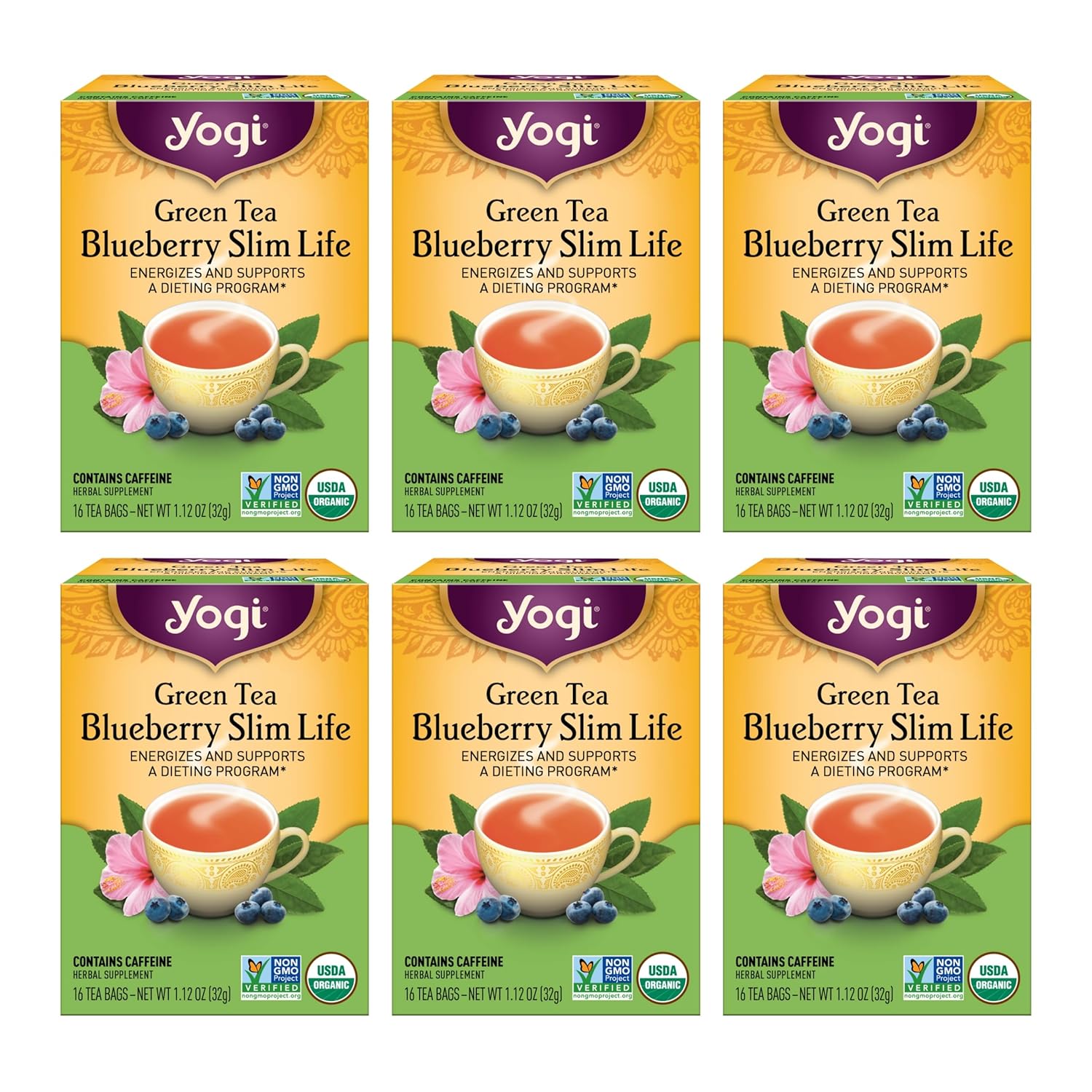 Yogi Tea - Green Tea Blueberry Slim Life (6 Pack) - Contains Caffeine - 96 Organic Tea Bags