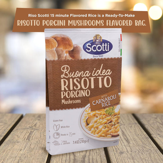 Porcini Mushrooms, Riso Scotti, Carnaroli Rice, Ready Meal, Easy to Cook, Italian Seasoned Risotto, Easy Dinner Side Dish, Just Add Water and Heat, 7.4 oz, 2-3 servings
