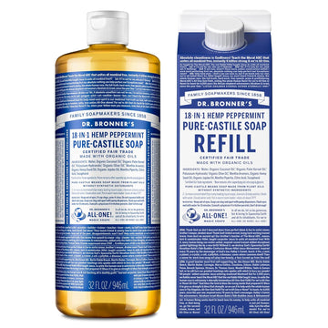 Dr. Bronner'S Pure-Castile Liquid Soap Bottle & Refill Carton - Made With Regenerative Organic Certified Oils, 82% Less Plastic-18-In-1 Uses For Face, Body Wash, Hand Soap Refill- Peppermint, 32Oz