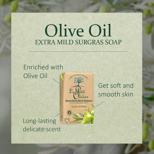 Extra Mild Surgras Soap - Olive Oil - Gently Cleanses Skin - Delicately Perfumed - Vegetable Origin Based - 8.8 Oz