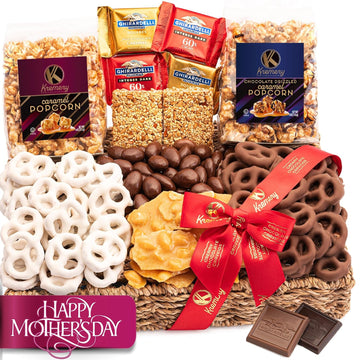 KREMERY Creamy Chocolate Cravings - Mothers Day Chocolate Covered Pretzels Gift Basket in Reusable Seagrass Tray + Ribbon, Caramel Popcorn Peanut Brittle Cashews (Medium 2.5 LB) Kosher Dairy USA Made