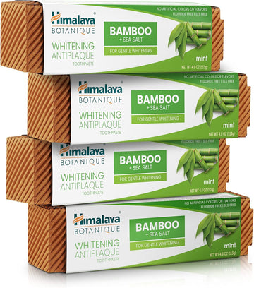 Himalaya Botanique Whitening Antiplaque Toothpaste With Bamboo + Sea Salt, Fluoride Free, For Gentle Whitening, 4 Oz, 4 Pack…