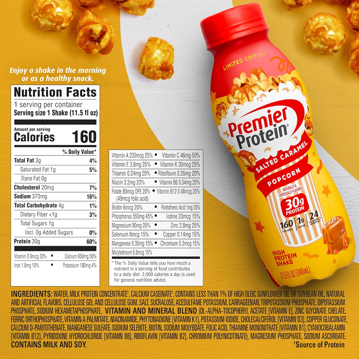 Premier Protein Shake Limited Edition Salted Caramel Popcorn, 30g 1g Sugar 24 Vitamins Minerals Nutrients to Support Immune Health 11.5 fl oz, 12 Pack : Everything Else