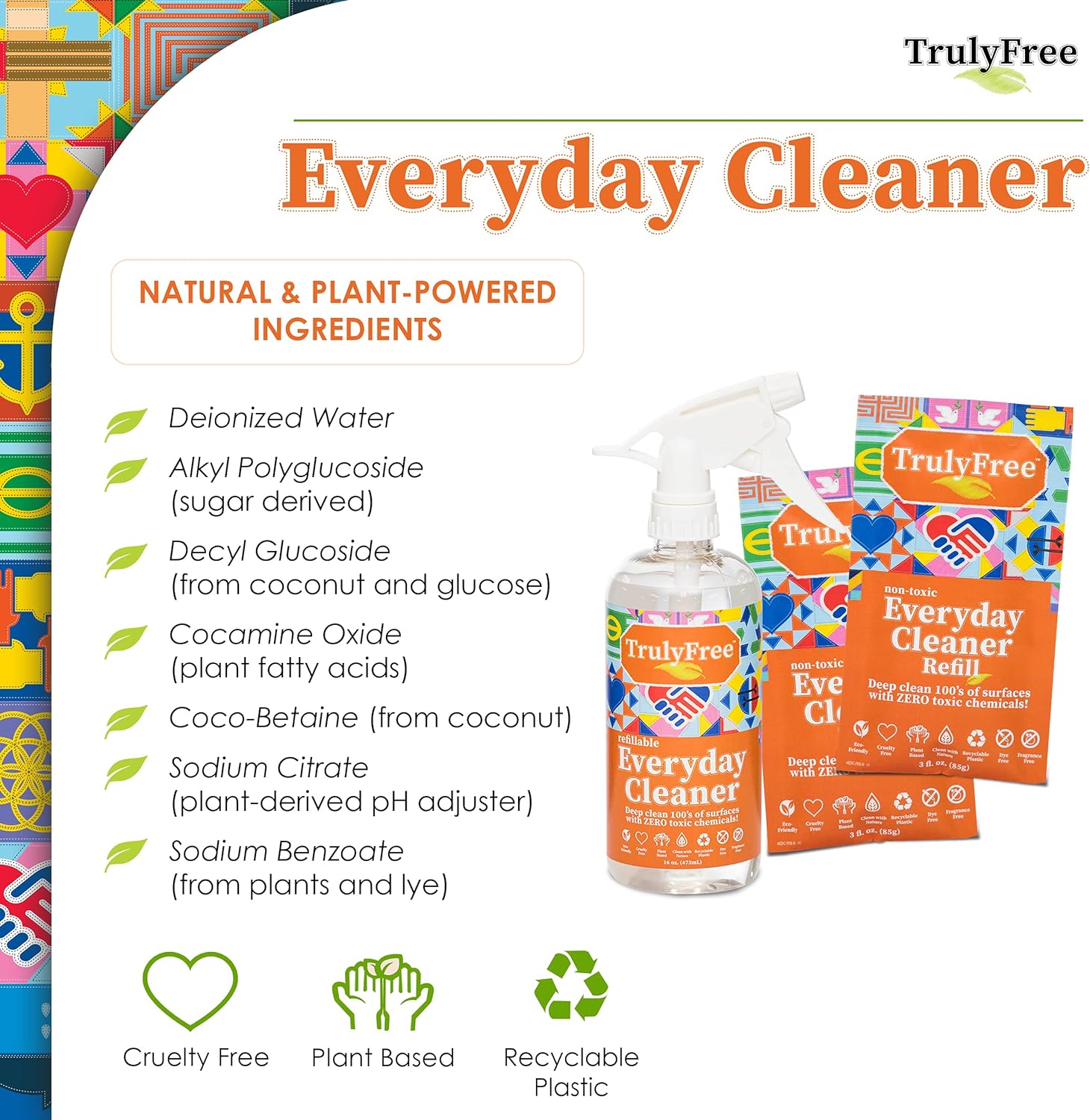 Truly Free Everyday Cleaner - All Purpose Natural Cleaner Spray, Household Cleaning Supplies - 16Oz Empty Spray Bottle, 2 Refills (3 Oz Each)