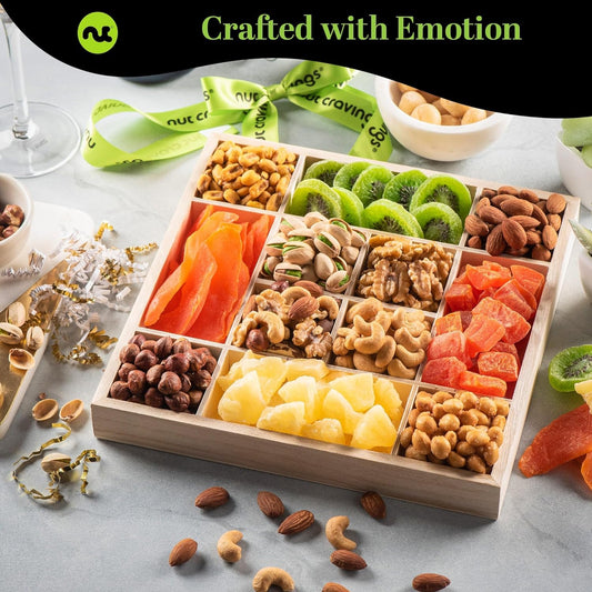 Nut Cravings Gourmet Collection - Mothers Day Dried Fruit & Mixed Nuts Gift Basket in Reusable Wooden Tray + Ribbon (12 Assortments) Arrangement Platter, Healthy Kosher USA Made