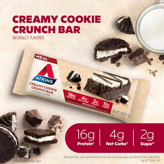 Atkins Creamy Cookie Crunch Meal Bars, 16G Protein, 11G Fiber, 2G Sugar, 4G Net Carbs, Low Carb, 12 Count