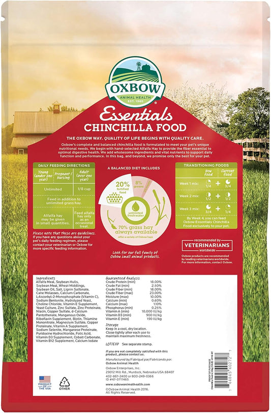 Oxbow Essentials Chinchilla Food - All Natural Chinchilla Pellets- Veterinarian Recommended- No Seeds & Artificial Ingredients- Made In The Usa - All Natural Vitamins & Minerals- 10 Lb