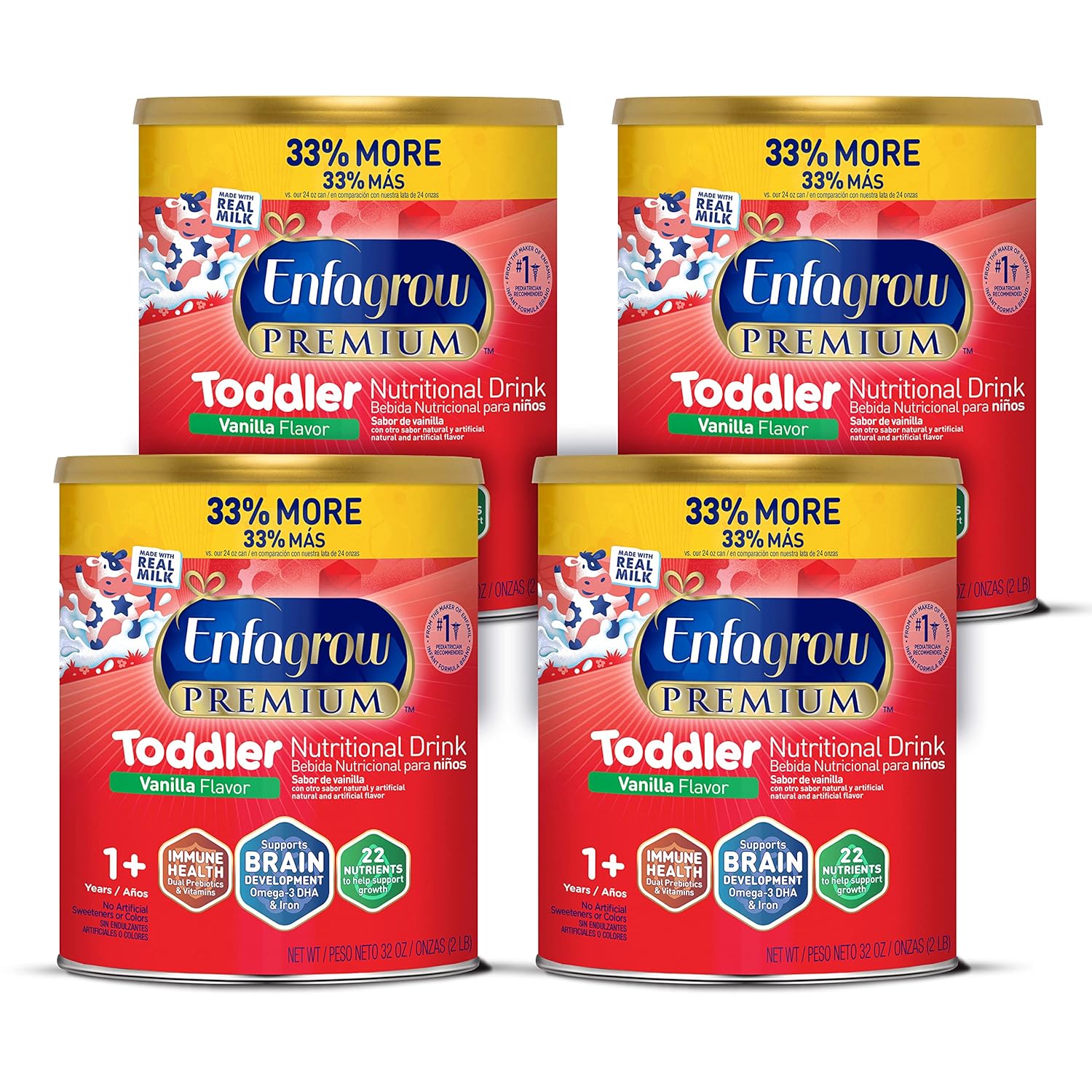 Enfagrow Premium Toddler Nutritional Drink, Vanilla Flavor, Omega-3 DHA for Brain Support, Prebiotics & Vitamins for Immune Health, Powder Can, 32 Oz, Pack of 4