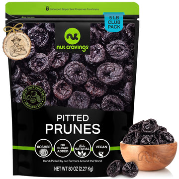 Nut Cravings Dry Fruits - Dried Prunes Pitted Unsweetened, Dry Plums No Sugar Added (80oz - 5 LB) Packed Fresh in Resealable Bag - Sweet Snack, Healthy Food, All Natural, Vegan, Kosher Certified