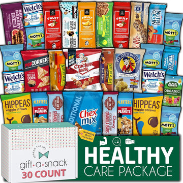 Gift A Snack - Back To School Gifts For Students Healthy Snack Box Care Package + Greeting Card (30 Count) Birthday Treats Gift Basket, Nutritious Granola Breakfast Bars - Food Assortments & Variety