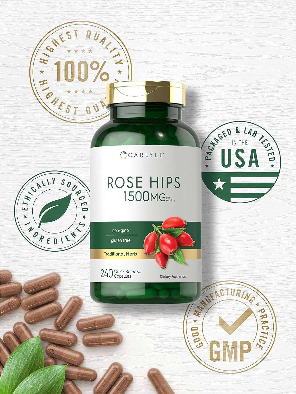 Carlyle Rose HIPS | 1500mg | 240 Quick Release Capsules | Non-GMO and Gluten Free Herbal Supplement : Health & Household