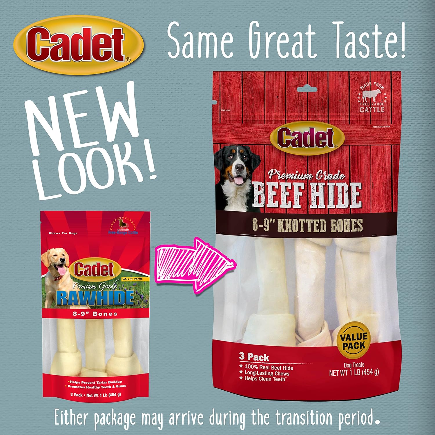 Cadet Premium Grade Beef Hide for Dogs, Long Lasting Rawhide Knotted Bones Single Ingredient Dog Chews, 8"-9" Dog Bones, 3 Pack : Pet Rawhide Treat Bones : Pet Supplies