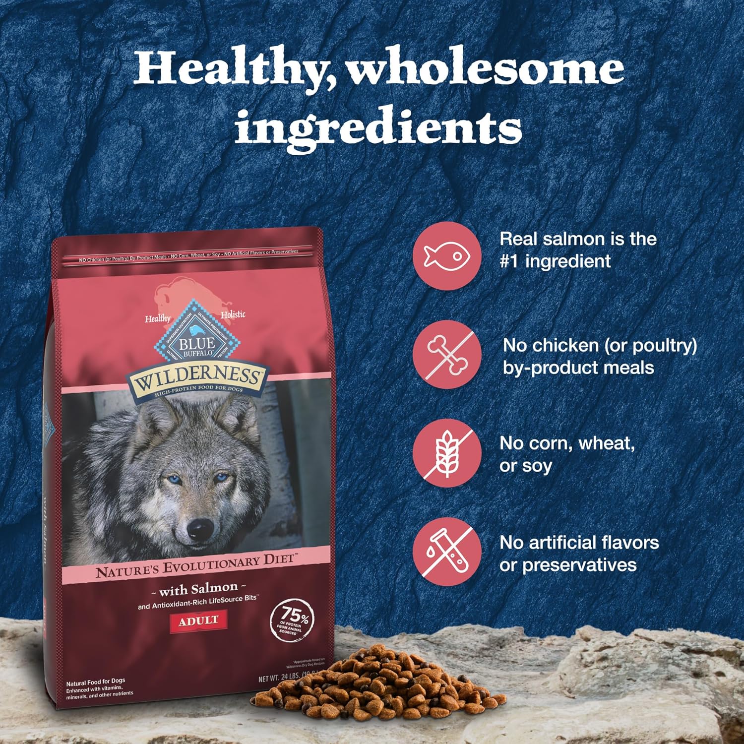 Blue Buffalo Wilderness Adult High-Protein Dry Dog Food, Made in the USA with Natural Ingredients, Salmon with Wholesome Grains, 24-lb. Bag : Pet Supplies