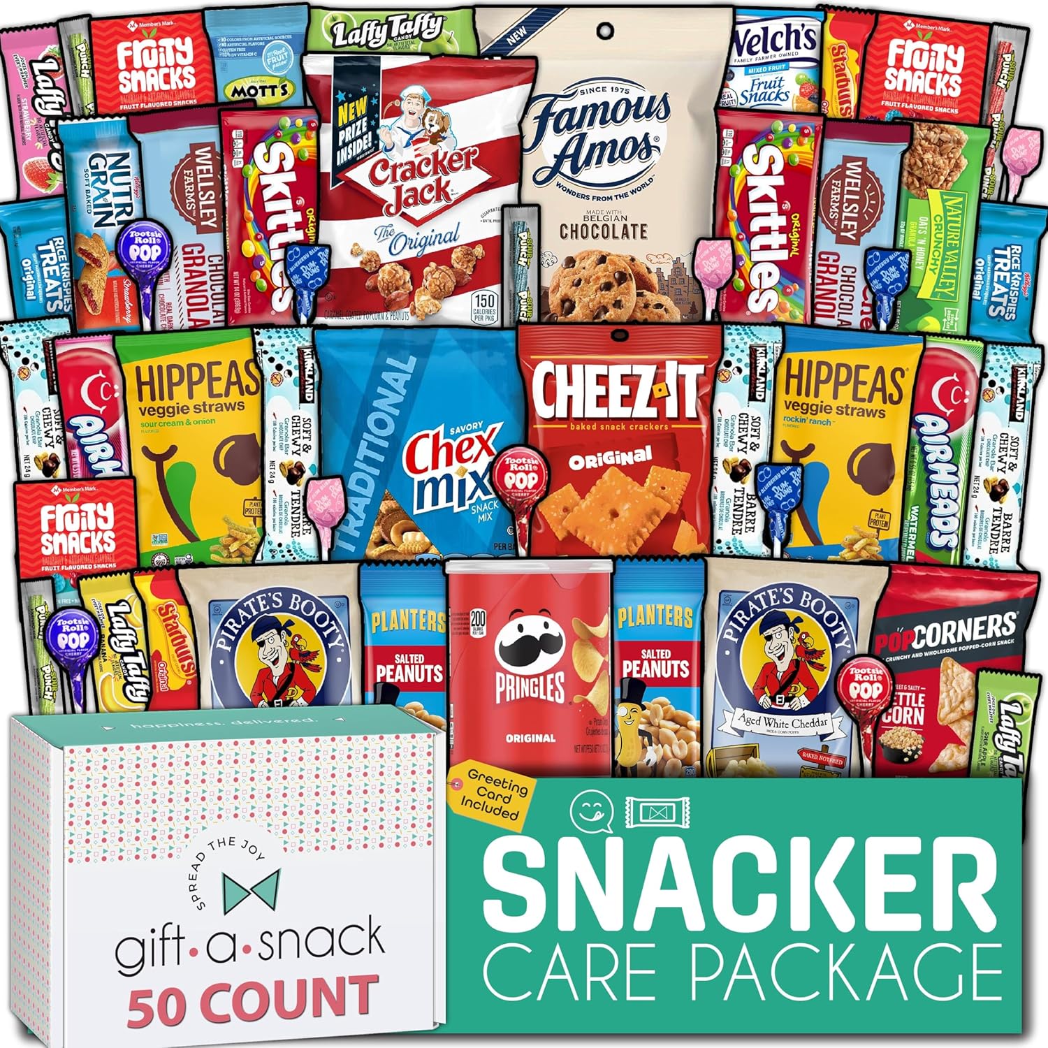 Gift A Snack - Back To School Gifts For Students Snack Box Variety Pack Care Package + Greeting Card (50 Count) Birthday Sweet Treats Gift Basket, Candies Chips Crackers Bars, Food Assortments Variety