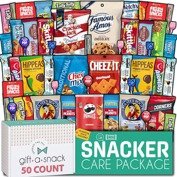 Gift A Snack - Back To School Gifts For Students Snack Box Variety Pack Care Package + Greeting Card (50 Count) Birthday Sweet Treats Gift Basket, Candies Chips Crackers Bars, Food Assortments Variety