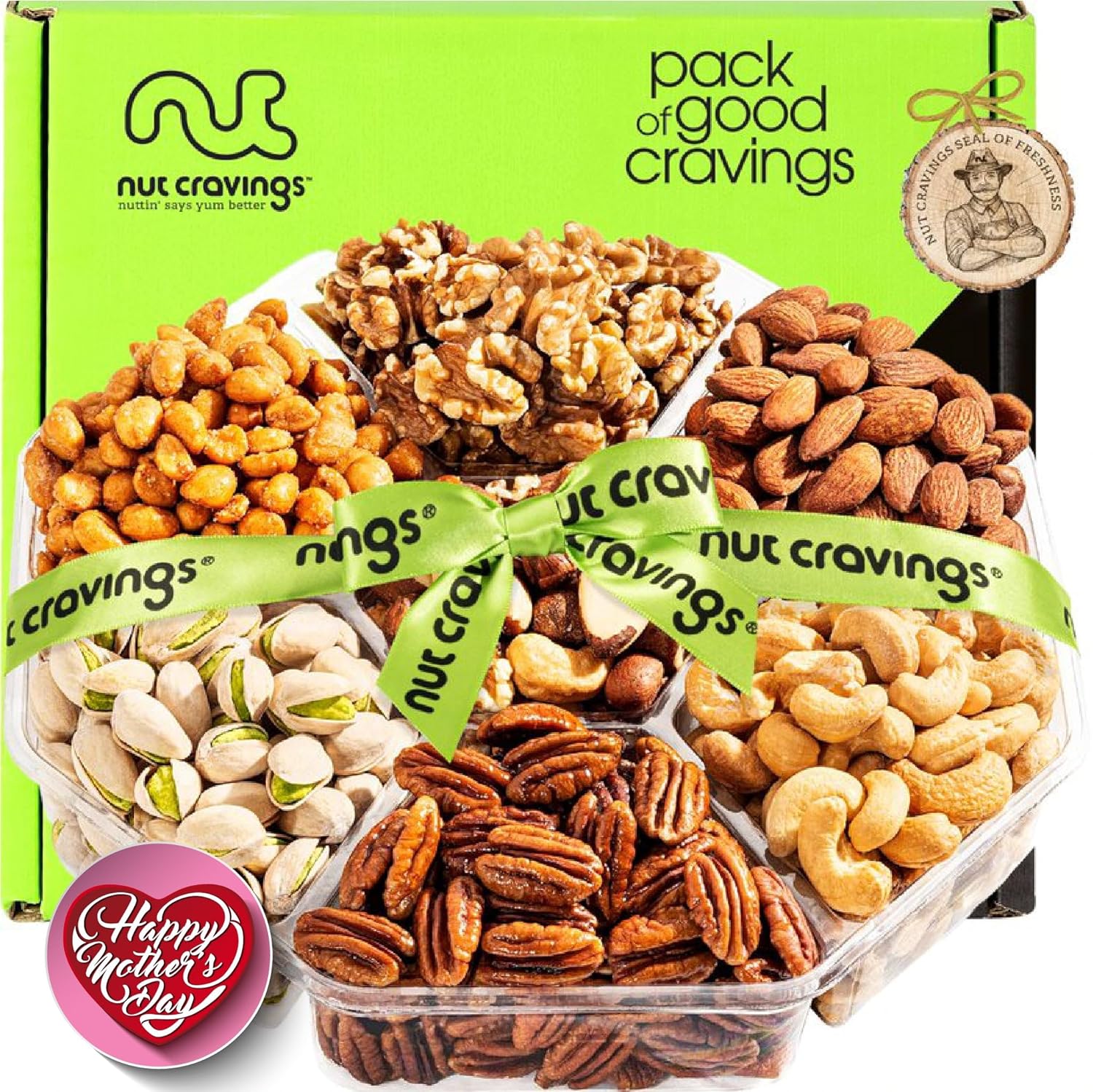 Nut Cravings Gourmet Collection - Mothers Day Mixed Nuts Gift Basket + Green Ribbon (7 Assortments, 1 LB) Arrangement Platter, Birthday Care Package - Healthy Kosher USA Made