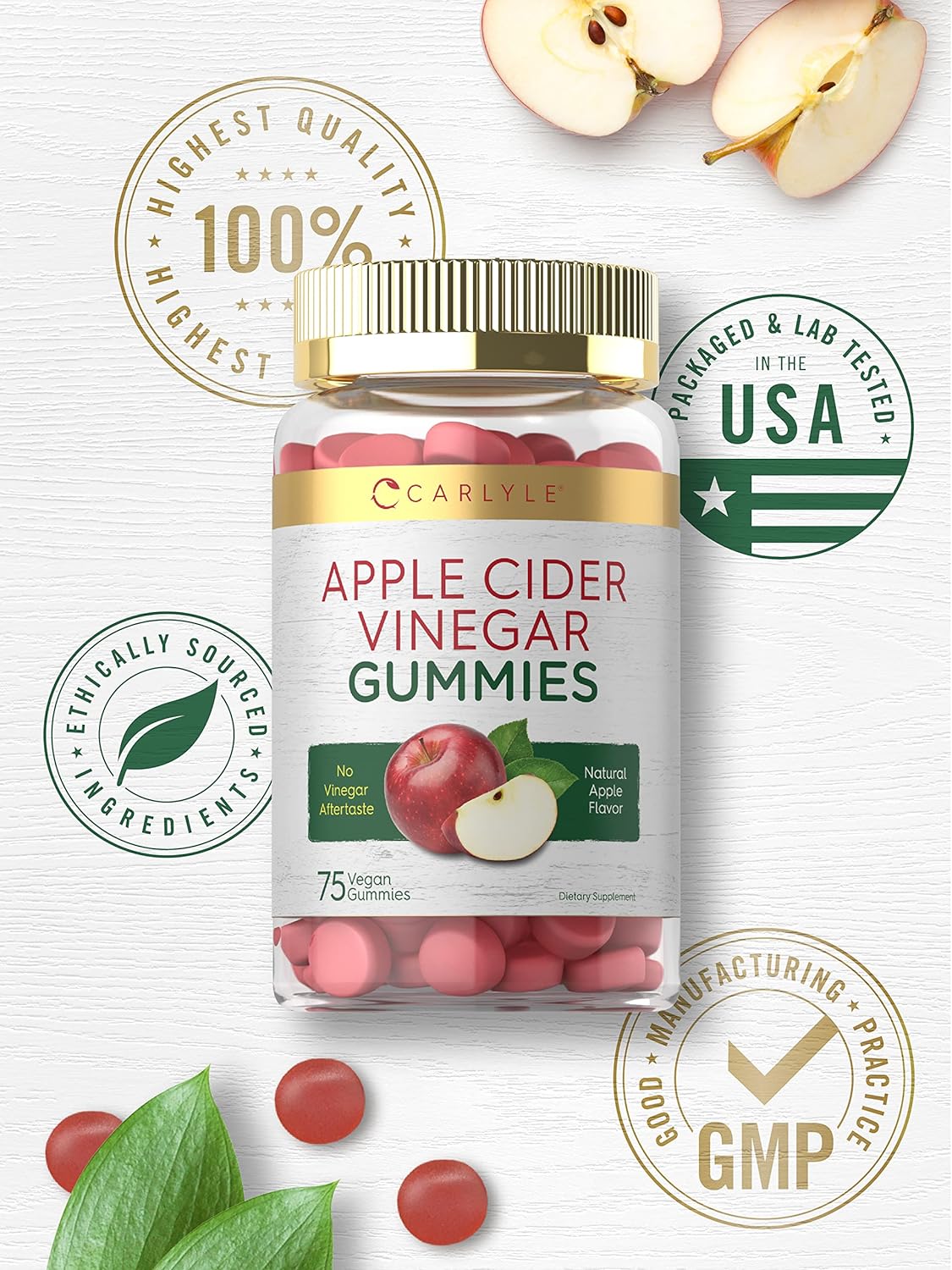 Carlyle Vegan Apple Cider Vinegar Gummies | 75 Count | Apple Flavor | Non-GMO, Gluten Free | ACV Supplement : Health & Household
