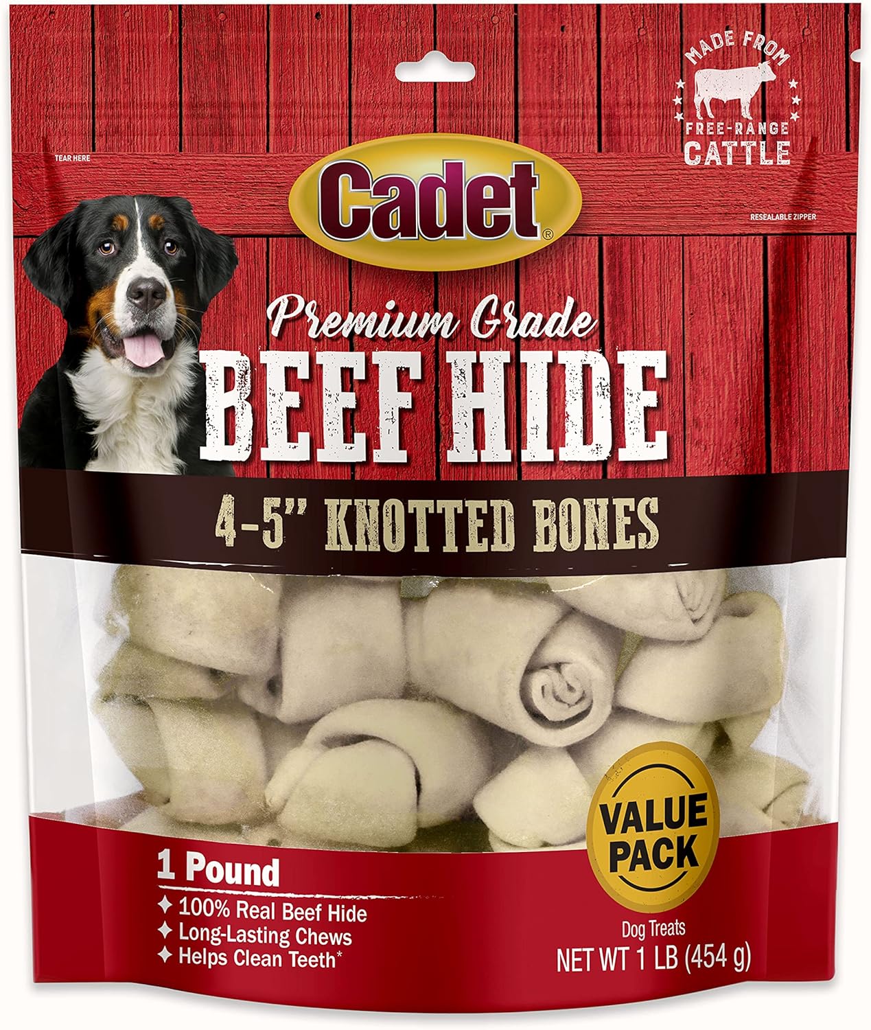 Cadet Premium Grade Beef Hide For Dogs, Long Lasting Rawhide Knotted Bones Single Ingredient Dog Chews, 4"-5" Dog Bones, 1 Pound