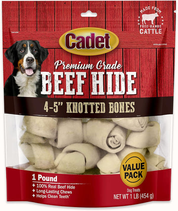 Cadet Premium Grade Beef Hide For Dogs, Long Lasting Rawhide Knotted Bones Single Ingredient Dog Chews, 4"-5" Dog Bones, 1 Pound