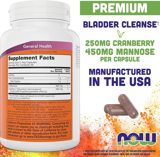 NOW Foods Mannose Cranberry, 120 Veg Capsules - with PAC - 450mg dMannose, 250mg Whole Cranberry - Bladder Cleanse and Urinary Tract Health* - Vegan Friendly Supplement, Non-GMO