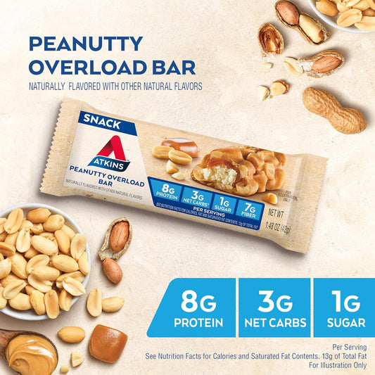 Atkins Snack Bar, Peanutty Overload, 8G Protein, 7G Fiber, 3G Net Carbs, Keto Friendly, 16 Count