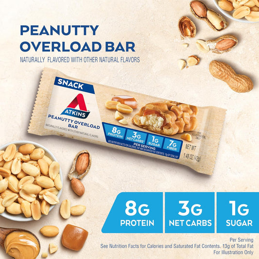 Atkins Snack Bar, Peanutty Overload, 8g Protein, 7g Fiber, 3g Net Carbs, Keto Friendly, 16 Count