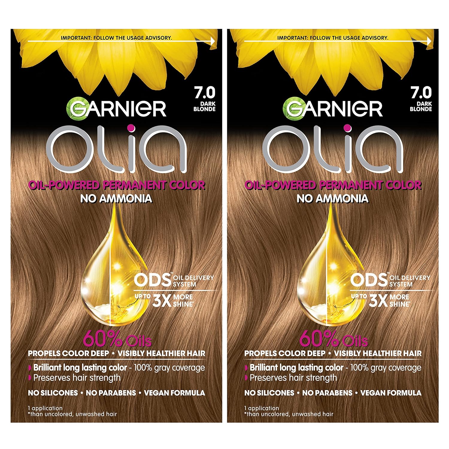 Garnier Hair Color Olia Ammonia-Free Brilliant Color Oil-Rich Permanent Hair Dye, 7.0 Dark Blonde, 2 Count (Packaging May Vary)