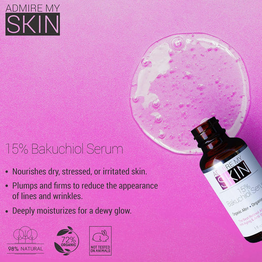 Admire My Skin Bakuchiol Serum Natural Retinol Serum Alternative For Face – Anti Blemish Anti Aging Facial Serum Contains Organic Aloe + Turmeric 1Oz